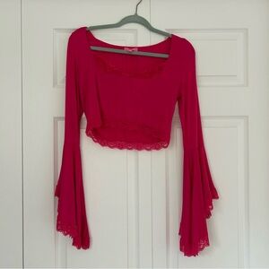 Dolls Kill Sugar Thrillz Ready To Ruffle Bell Sleeve Crop Top Womens M Pink Lace
